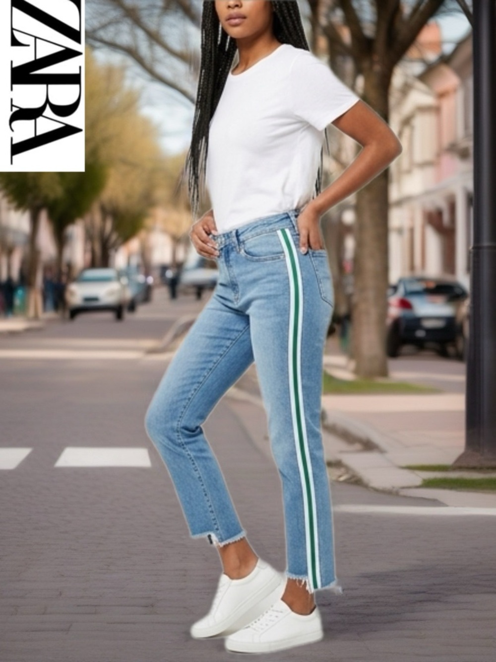 ZARA Women's Blue Denim Jeans with Green Stripe